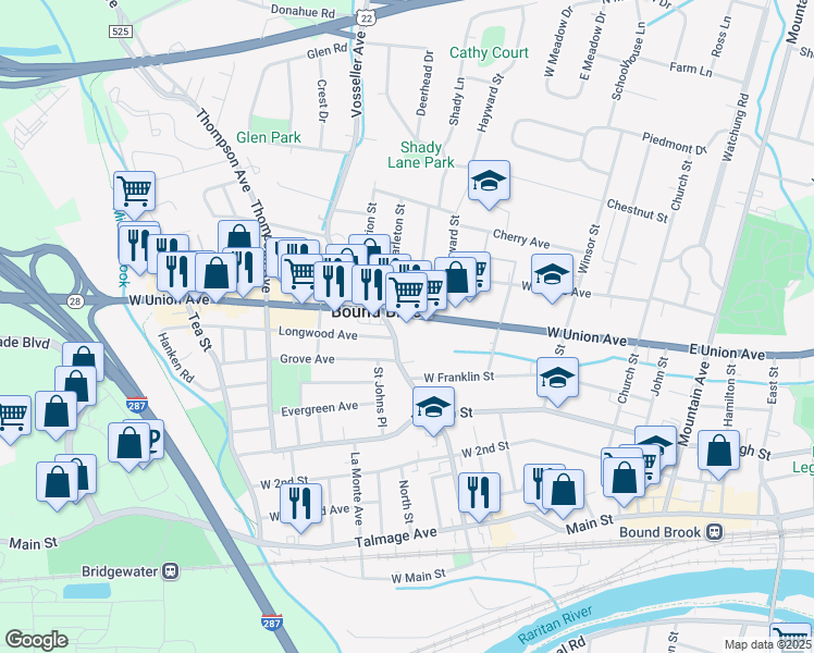 map of restaurants, bars, coffee shops, grocery stores, and more near 310 West Union Avenue in Bound Brook
