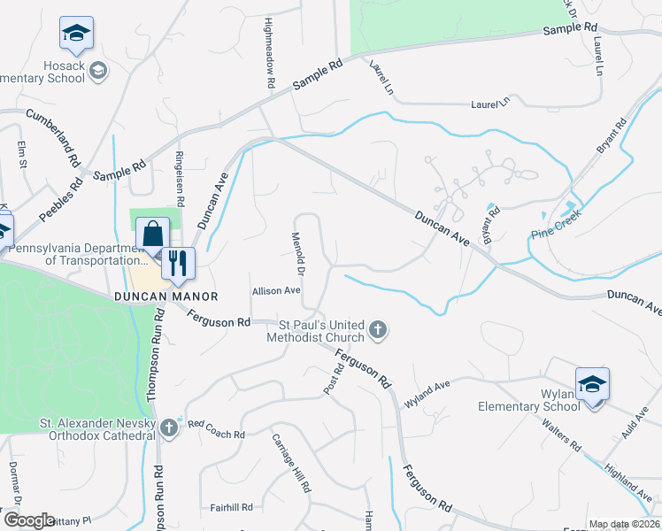 map of restaurants, bars, coffee shops, grocery stores, and more near 2199 Menold Drive in McCandless