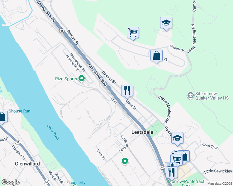 map of restaurants, bars, coffee shops, grocery stores, and more near 1 Ohio River Boulevard in Leetsdale