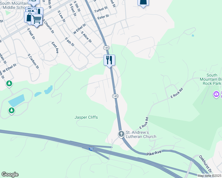 map of restaurants, bars, coffee shops, grocery stores, and more near 2844 South Pike Avenue in Allentown
