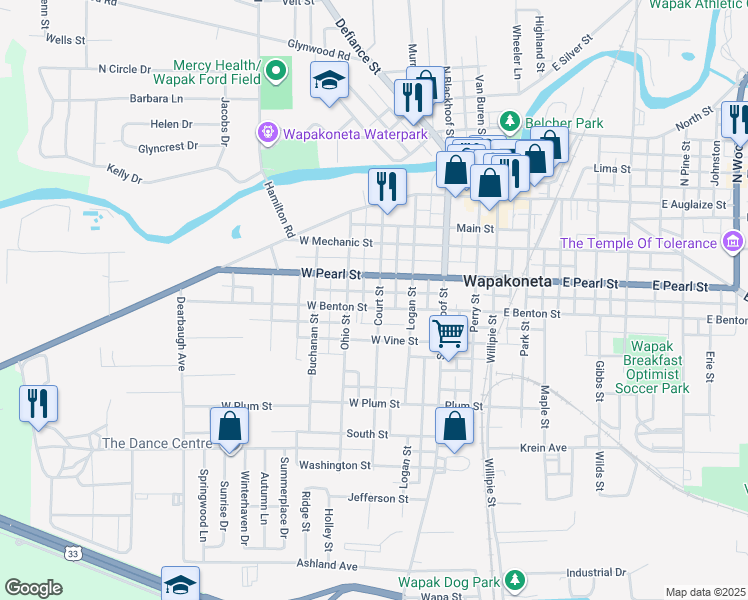 map of restaurants, bars, coffee shops, grocery stores, and more near 402 West Benton Street in Wapakoneta