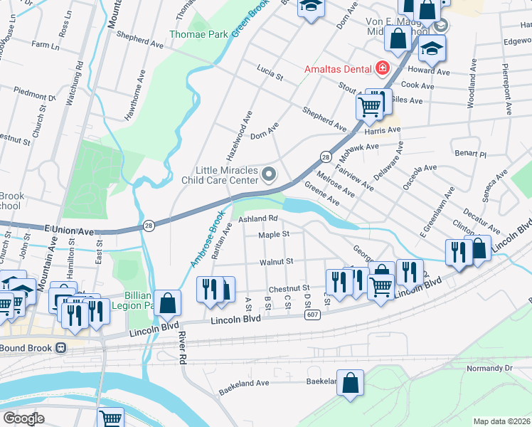 map of restaurants, bars, coffee shops, grocery stores, and more near 217 Ashland Road in Middlesex