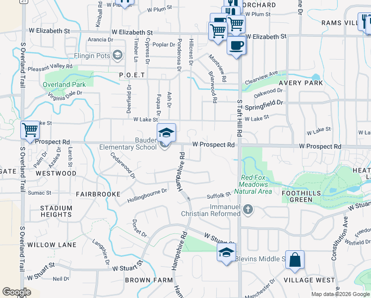 map of restaurants, bars, coffee shops, grocery stores, and more near 1609 Northbrook Court in Fort Collins