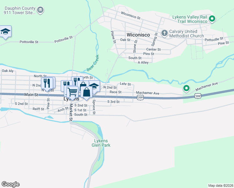 map of restaurants, bars, coffee shops, grocery stores, and more near 746 North 2nd Street in Lykens