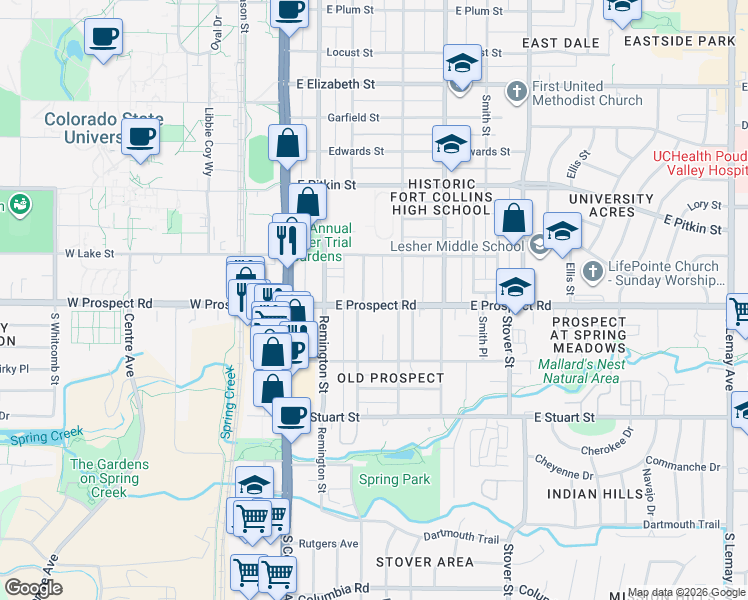 map of restaurants, bars, coffee shops, grocery stores, and more near 1530 Mathews Street in Fort Collins