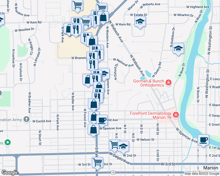 map of restaurants, bars, coffee shops, grocery stores, and more near 806 North Western Avenue in Marion