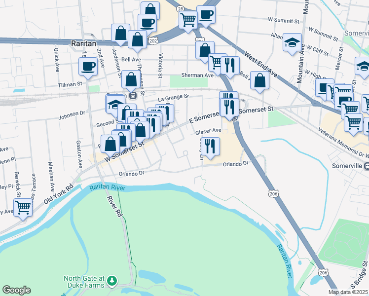 map of restaurants, bars, coffee shops, grocery stores, and more near 100 River Park Drive in Raritan