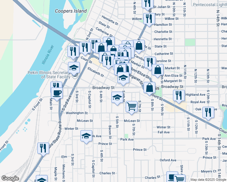 map of restaurants, bars, coffee shops, grocery stores, and more near 506 Broadway Street in Pekin