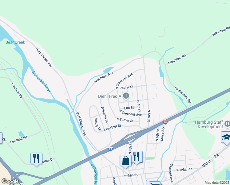 map of restaurants, bars, coffee shops, grocery stores, and more near 713 North Crescent Avenue in Hamburg