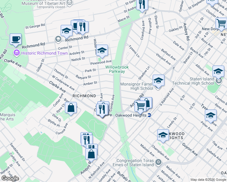 map of restaurants, bars, coffee shops, grocery stores, and more near 222 Combs Avenue in Staten Island