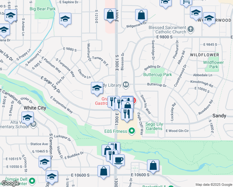 map of restaurants, bars, coffee shops, grocery stores, and more near 10100 South 1300 East in Sandy