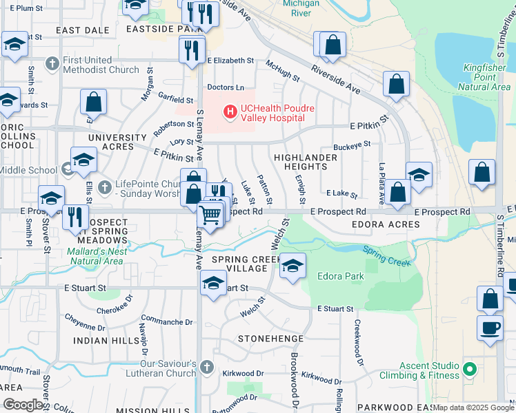map of restaurants, bars, coffee shops, grocery stores, and more near 1513 Patton Street in Fort Collins