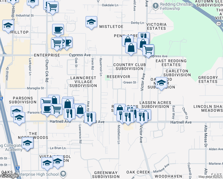 map of restaurants, bars, coffee shops, grocery stores, and more near 2691 Reservoir Lane in Redding