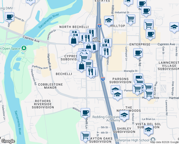 map of restaurants, bars, coffee shops, grocery stores, and more near 2731 Bechelli Lane in Redding