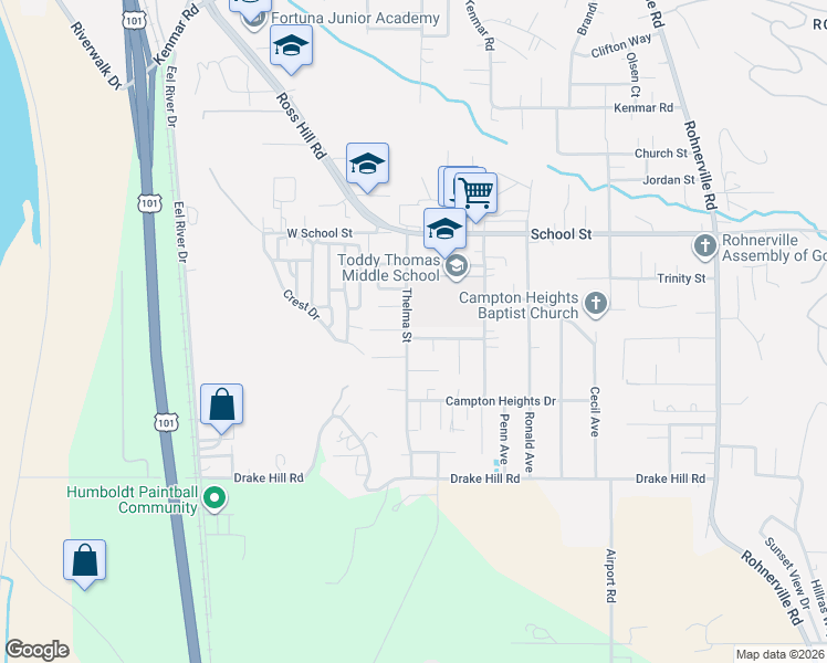 map of restaurants, bars, coffee shops, grocery stores, and more near 1665 Thelma Street in Fortuna