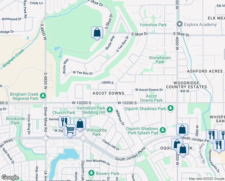 map of restaurants, bars, coffee shops, grocery stores, and more near 10111 Knox Court in South Jordan