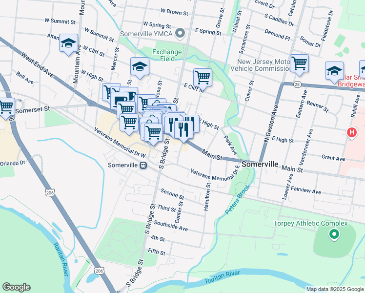 map of restaurants, bars, coffee shops, grocery stores, and more near 46 East Main Street in Somerville