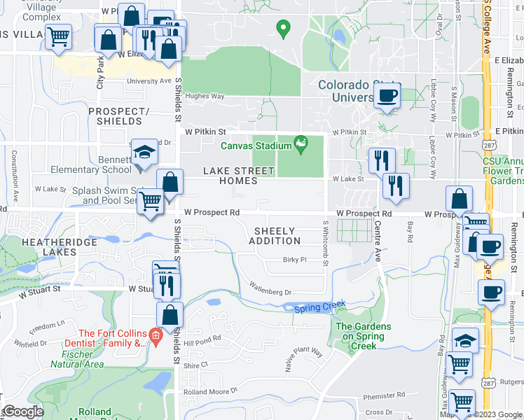 map of restaurants, bars, coffee shops, grocery stores, and more near 810 West Prospect Road in Fort Collins