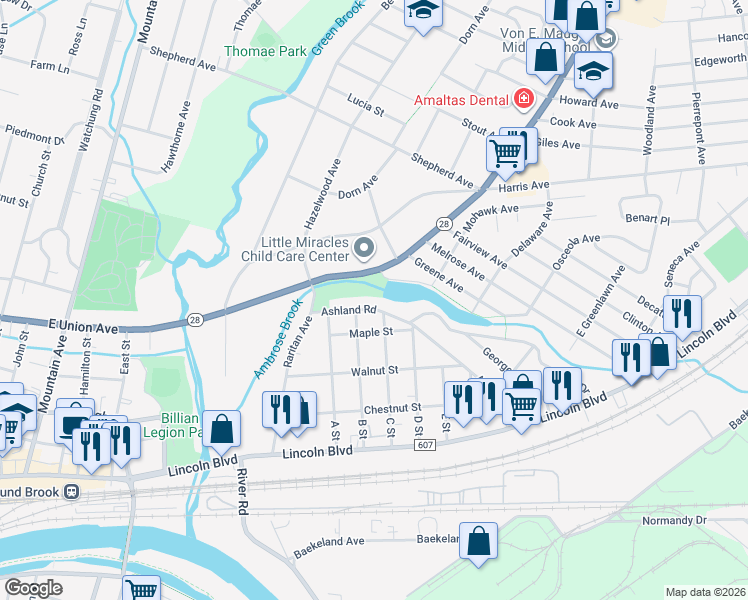 map of restaurants, bars, coffee shops, grocery stores, and more near 315 Ashland Road in Middlesex