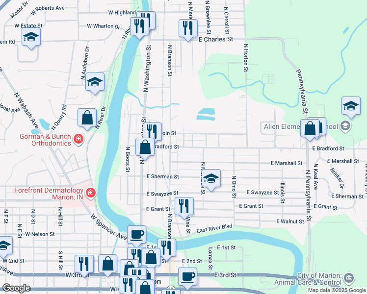 map of restaurants, bars, coffee shops, grocery stores, and more near 600 North McClure Street in Marion