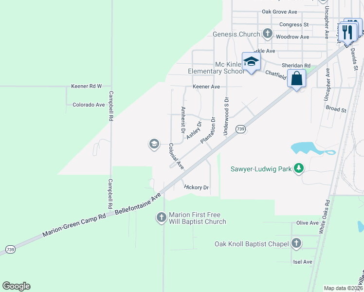 map of restaurants, bars, coffee shops, grocery stores, and more near 1467 Amherst Drive in Marion