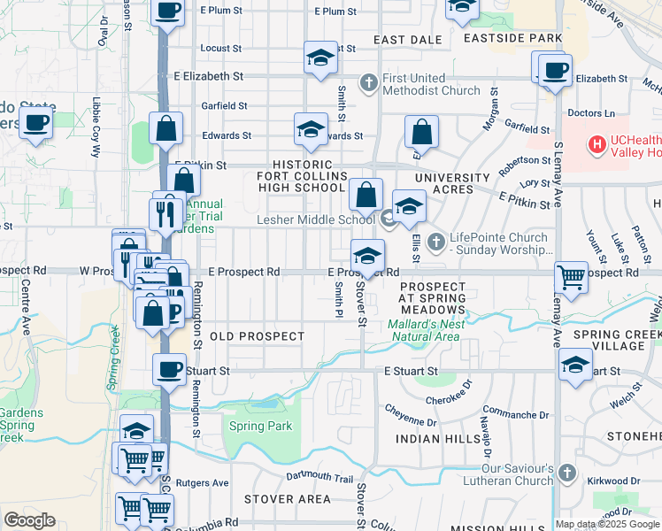 map of restaurants, bars, coffee shops, grocery stores, and more near 210 Circle Drive in Fort Collins