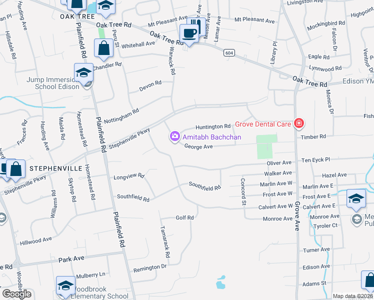 map of restaurants, bars, coffee shops, grocery stores, and more near 108 George Avenue in Edison