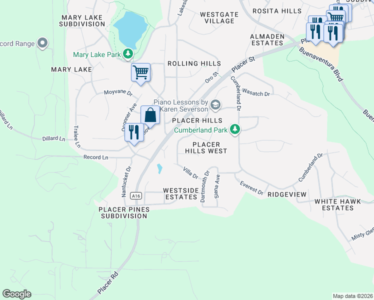 map of restaurants, bars, coffee shops, grocery stores, and more near 2165 Wisconsin Avenue in Redding