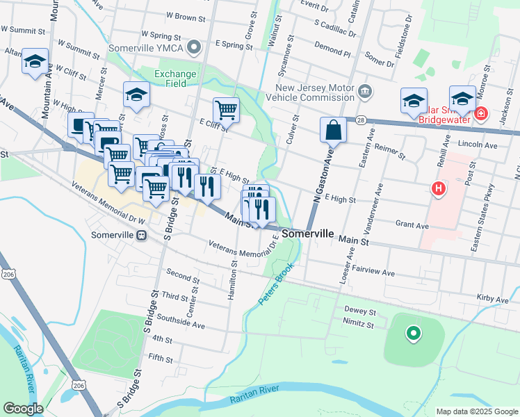 map of restaurants, bars, coffee shops, grocery stores, and more near 17 Park Avenue in Somerville