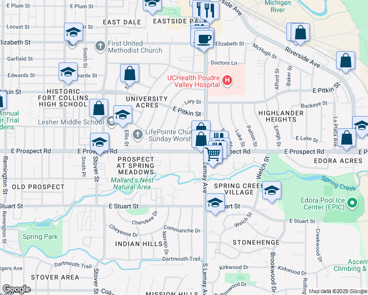 map of restaurants, bars, coffee shops, grocery stores, and more near 1036 East Prospect Road in Fort Collins