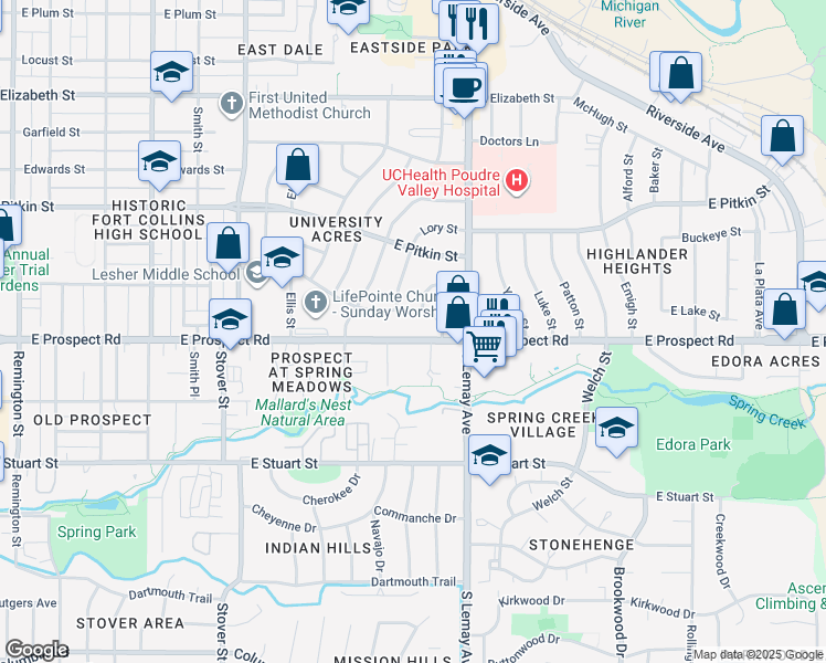 map of restaurants, bars, coffee shops, grocery stores, and more near 1036 E Prospect Rd in Fort Collins