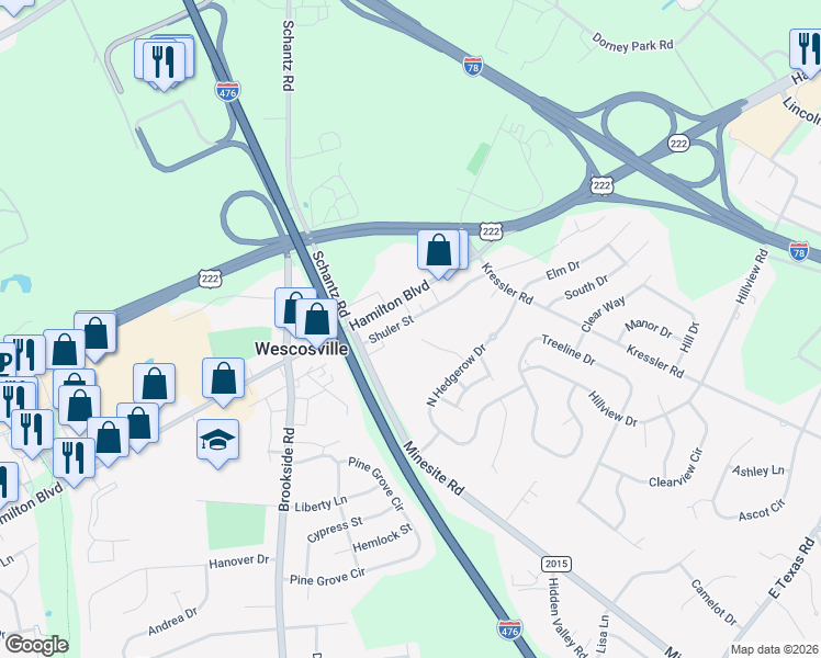map of restaurants, bars, coffee shops, grocery stores, and more near 4698 Shuler Street in Allentown