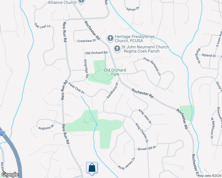 map of restaurants, bars, coffee shops, grocery stores, and more near 1515 Sandhurst Drive in Pittsburgh