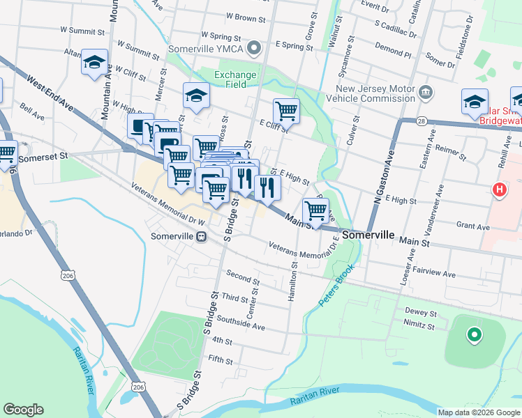 map of restaurants, bars, coffee shops, grocery stores, and more near 46 East Main Street in Somerville