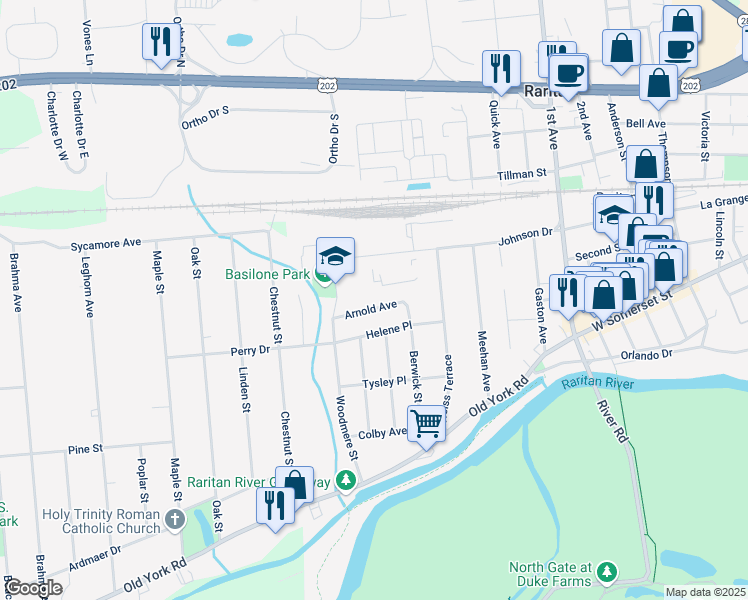 map of restaurants, bars, coffee shops, grocery stores, and more near 1020 Arnold Avenue in Raritan
