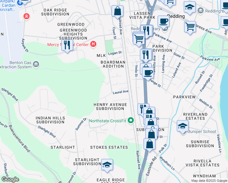 map of restaurants, bars, coffee shops, grocery stores, and more near 3149 West Street in Redding