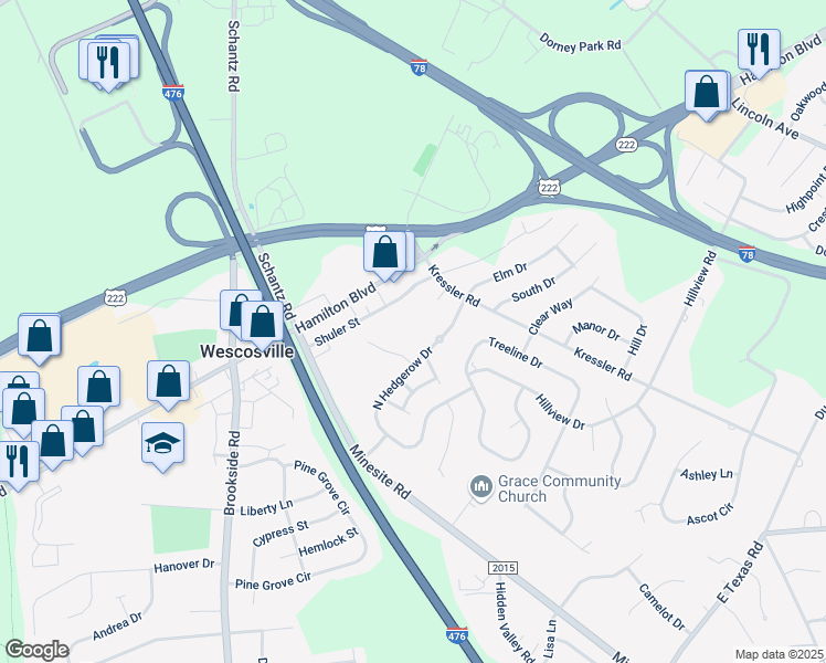 map of restaurants, bars, coffee shops, grocery stores, and more near 867 Cold Spring Road in Allentown