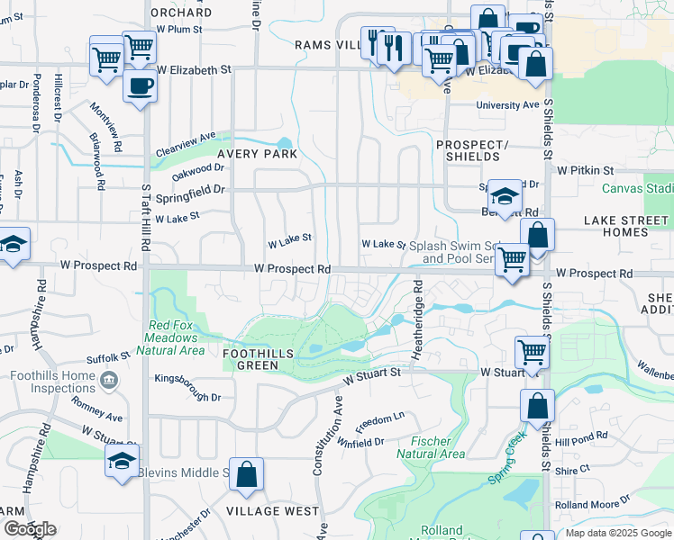 map of restaurants, bars, coffee shops, grocery stores, and more near 1612 W Prospect Rd in Fort Collins