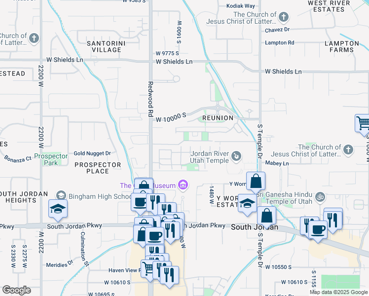 map of restaurants, bars, coffee shops, grocery stores, and more near 1596 West Cornerstone Drive in South Jordan