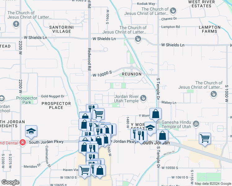 map of restaurants, bars, coffee shops, grocery stores, and more near 1556 West Cornerstone Drive in South Jordan