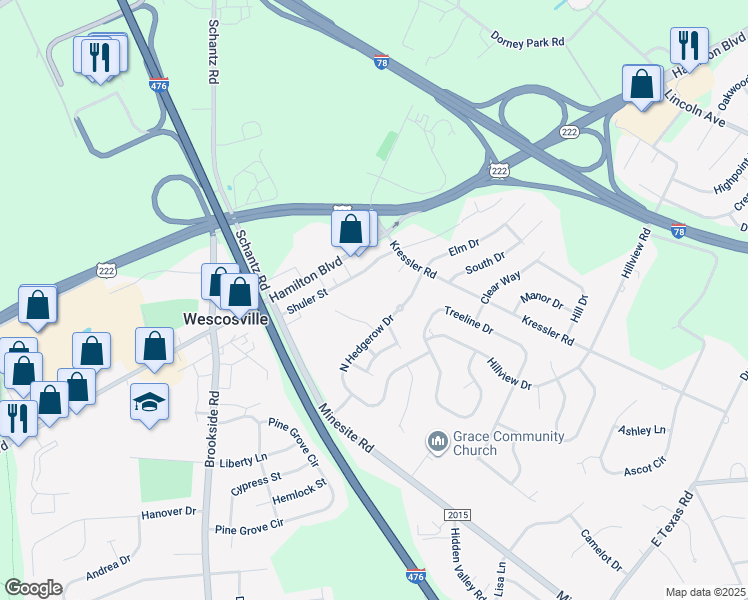 map of restaurants, bars, coffee shops, grocery stores, and more near 867 Cold Spring Road in Allentown