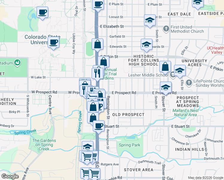 map of restaurants, bars, coffee shops, grocery stores, and more near 1530 Remington Street in Fort Collins