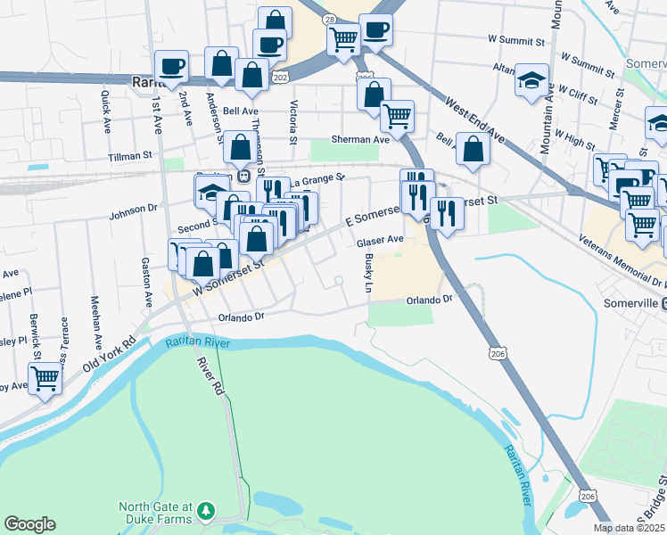 map of restaurants, bars, coffee shops, grocery stores, and more near 100 River Park Drive in Raritan
