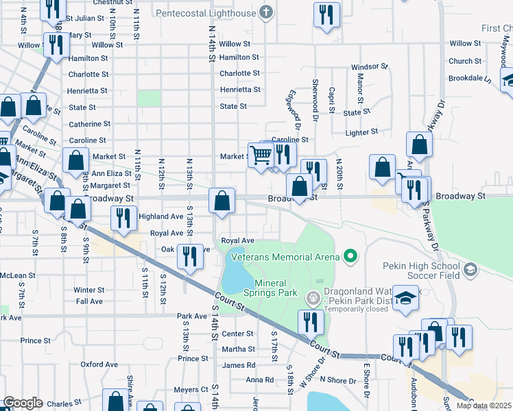 map of restaurants, bars, coffee shops, grocery stores, and more near Pekin Park District Trail (Peoria Trail Extension) in Pekin