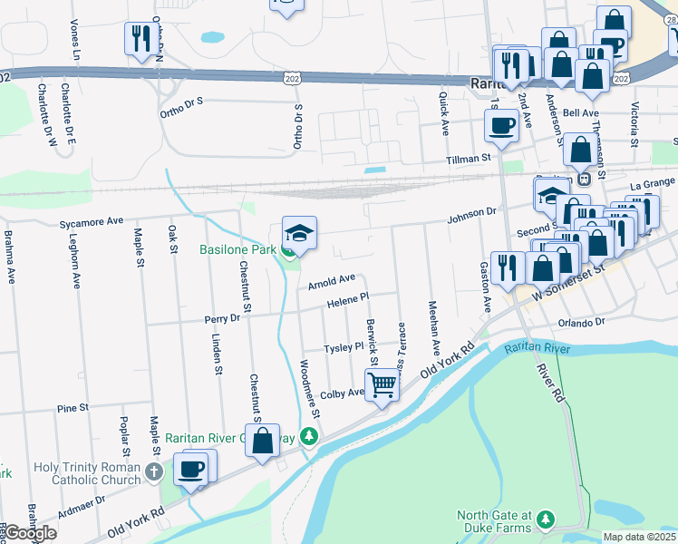 map of restaurants, bars, coffee shops, grocery stores, and more near 1020 Arnold Avenue in Raritan