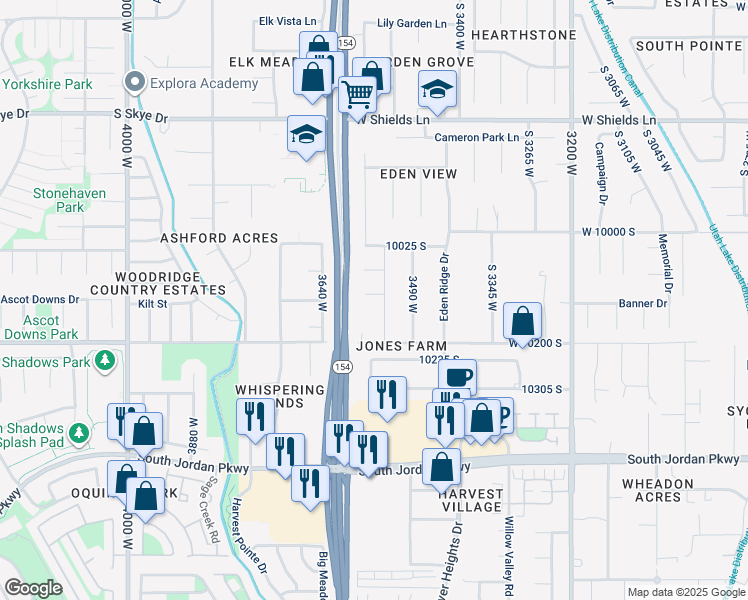 map of restaurants, bars, coffee shops, grocery stores, and more near 3543 W Dry Ridge Cove in South Jordan