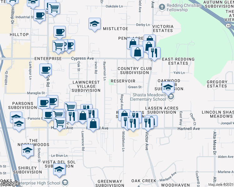 map of restaurants, bars, coffee shops, grocery stores, and more near Heather Lane in Redding