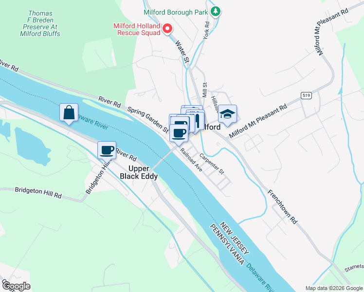 map of restaurants, bars, coffee shops, grocery stores, and more near 5 Bridge Street in Milford