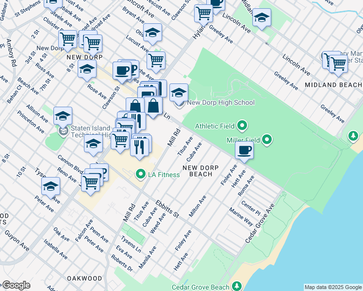 map of restaurants, bars, coffee shops, grocery stores, and more near 34 Titus Avenue in Staten Island