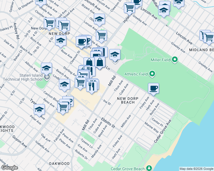map of restaurants, bars, coffee shops, grocery stores, and more near 17 Windmill Court in Staten Island